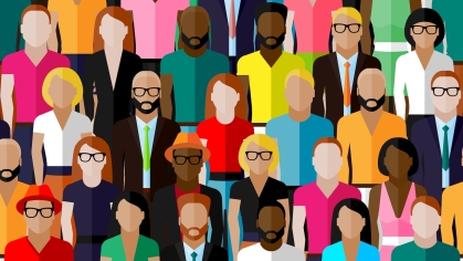 A colorful illustration of many diverse people. 